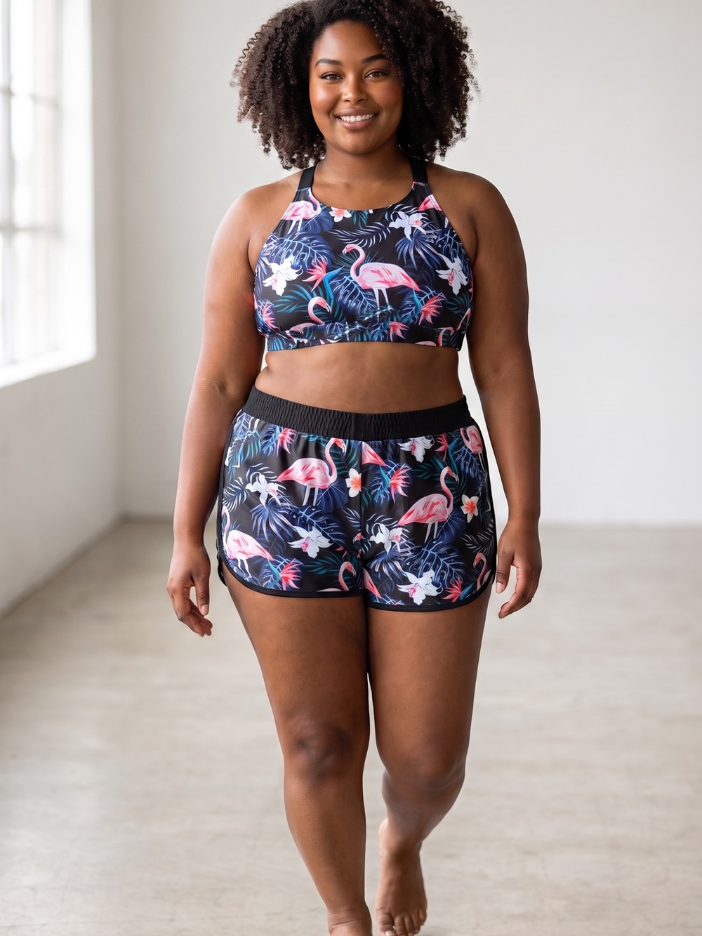 Flamingo Print High-Neck Swim Top and Shorts - Black/Pink